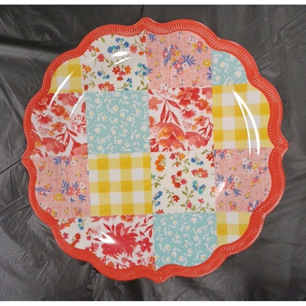 Pioneer Woman Melamine Dinner Plate Patchwork Medley Coral‎ Scalloped Edge